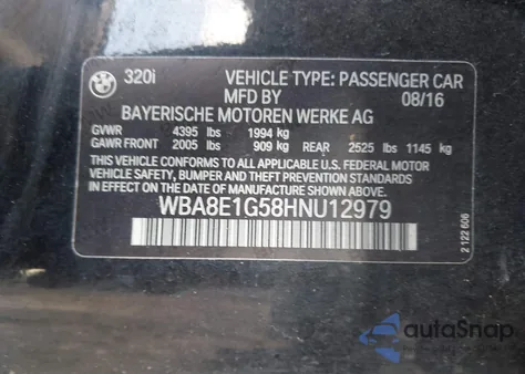 2017 BMW 320I from USA, damaged, VIN WBA8E1G58HNU12979